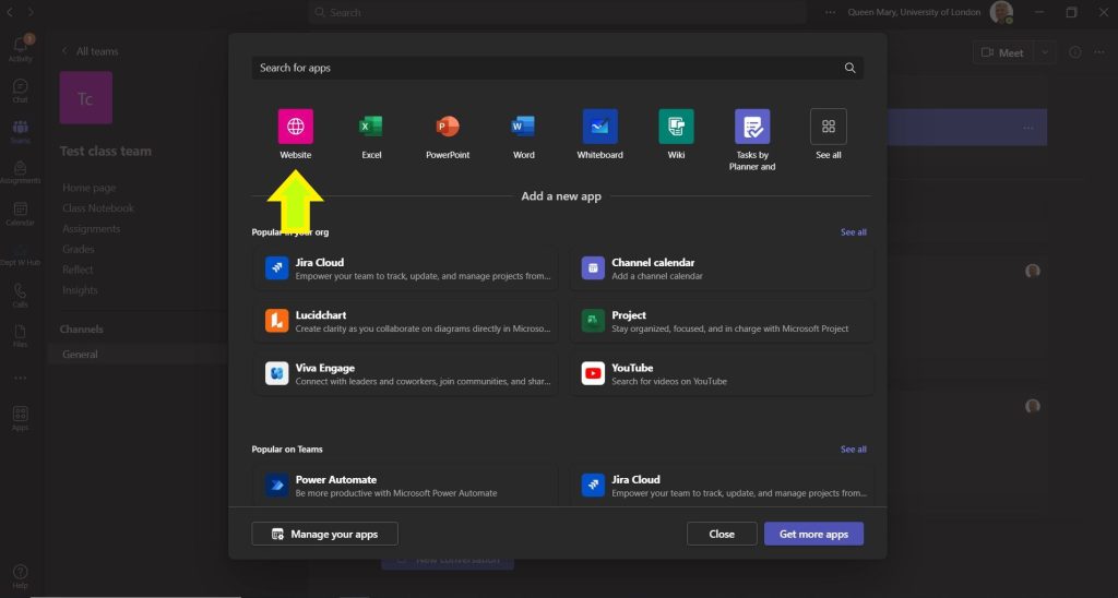 Selecting the website option on the Teams apps menu