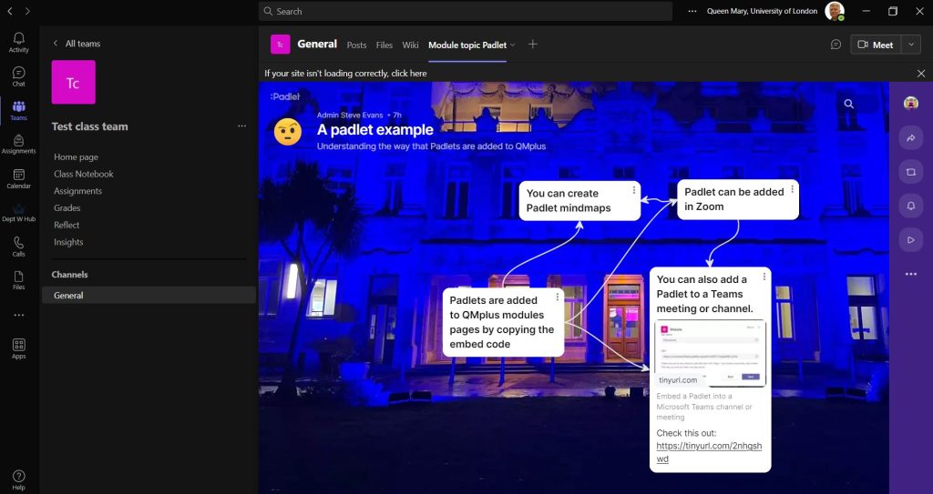 Padlet embedded in the Teams channel