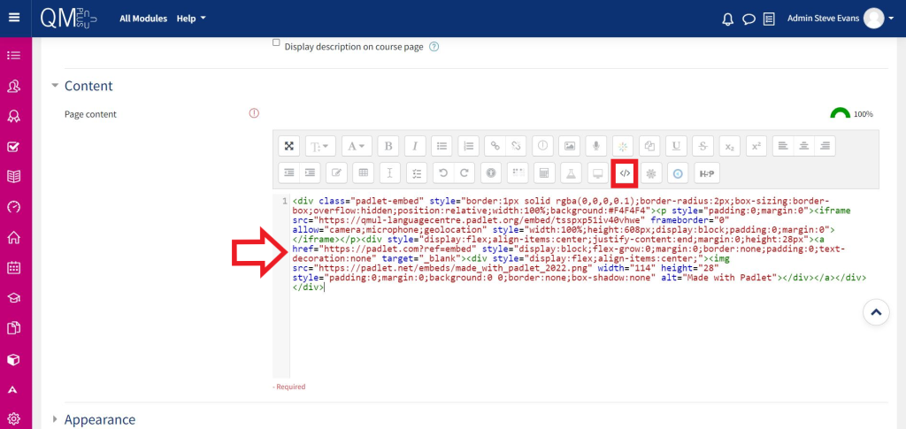 Embedding the padlet in QMplus