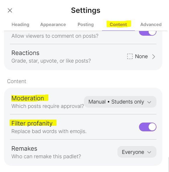 The content settings highlighting the 'Moderation' and 'Filter profanity' options.