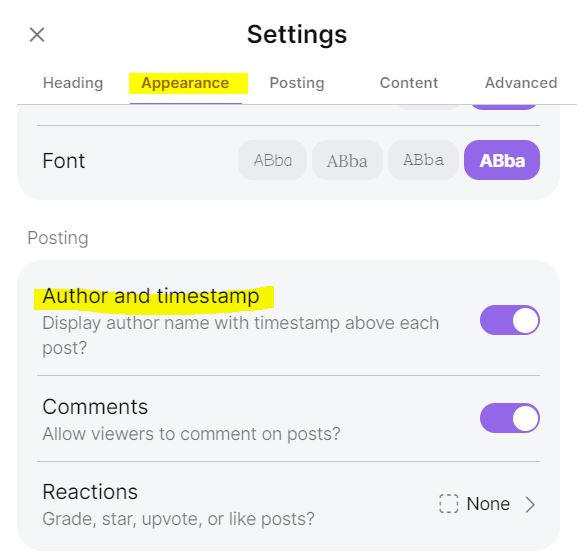 Appearance settings highlighting 'Author and timestamp'