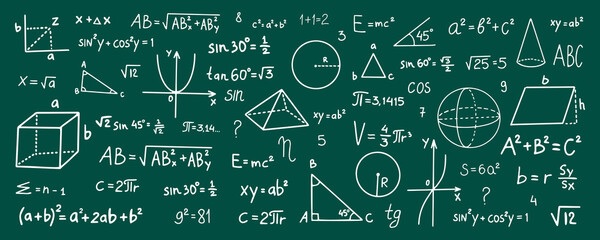 Mathematical symbols and depictions written in white on a dark green background