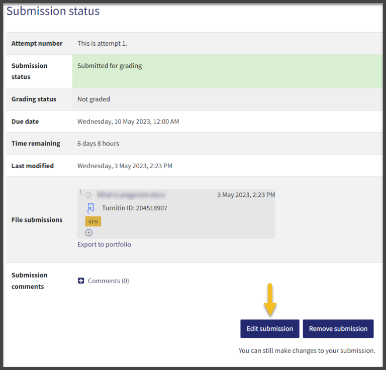 QMplus submission status page showing where to select the option to edit submission.