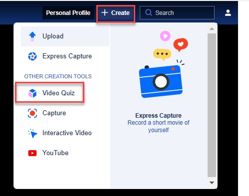 Create has beens selected and video quiz is highlighted in the drop down menu