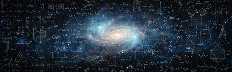 Physics formula with image of galaxy