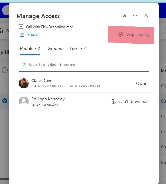 Manage access options, with Stop sharing option highlighted.