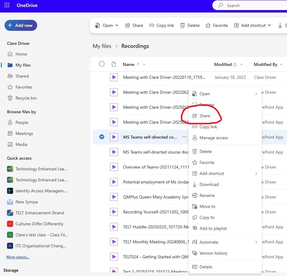 To the right of the recording file name there are 3 dots. Click on these and select the Share option
