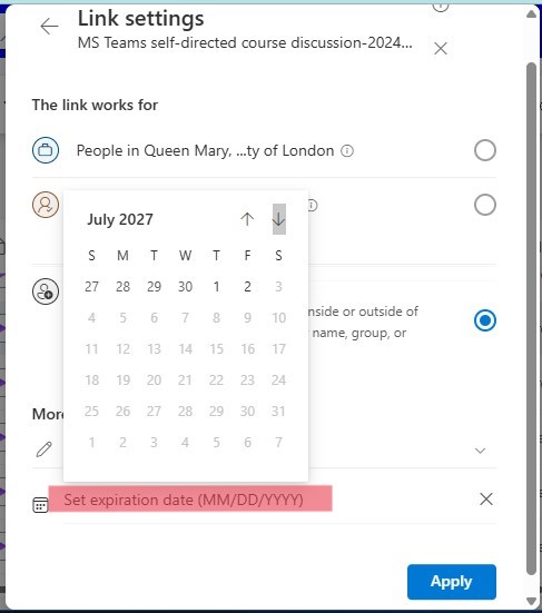 Image showing the option to set a calendar expiration date for the sharing of a file.