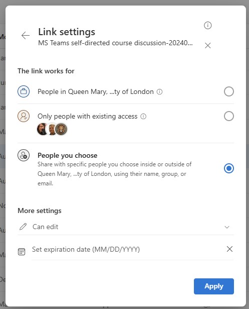 Image showing the Link Settings pop up window