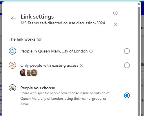 Image showing the options you can choose from to decide who the link works for.