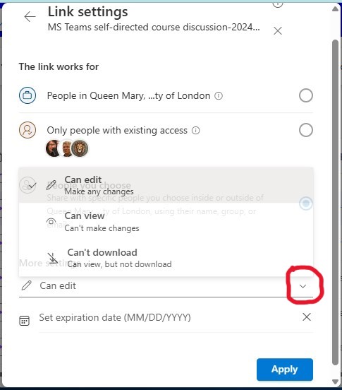 Image showing more sharing options, ie can edit, can view, can't download.
