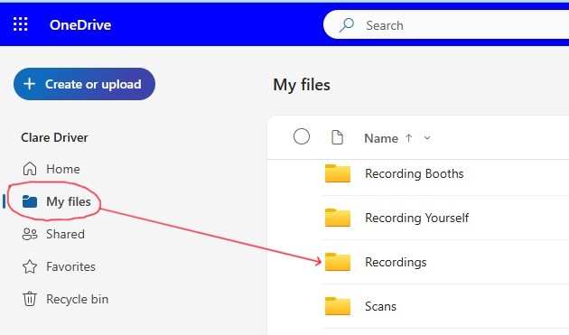 Image showing OneDrive folders My Files and Recordings.