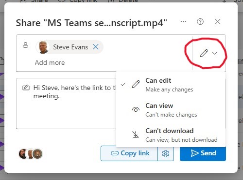 Image showing the pencil icon and drop down arrow highlighted. Clicking on the arrow will open the share settings options