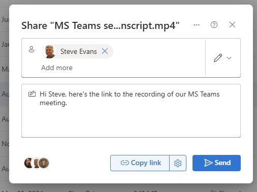 Image showing the Share options pop up window, with a recipient's email address and a message both entered.