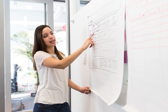 A woman presenting to colleagues with a white board