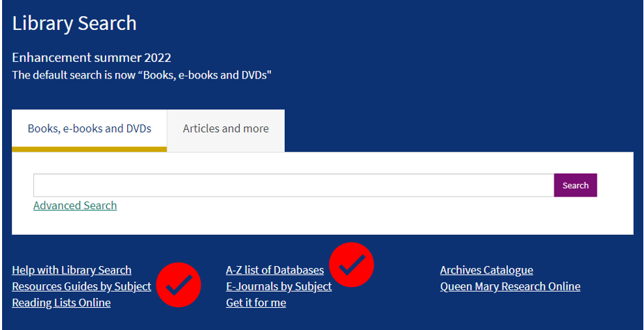 Image showing where A-Z List of databases and Resources by Subject are located on Library website